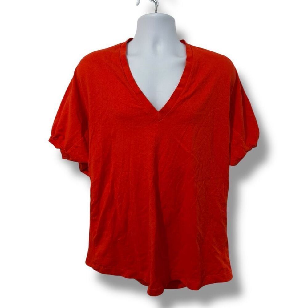 Zara T-Shirt Womens XS Oversized Orange V-Neck Short Sleeve Puff Sleeve